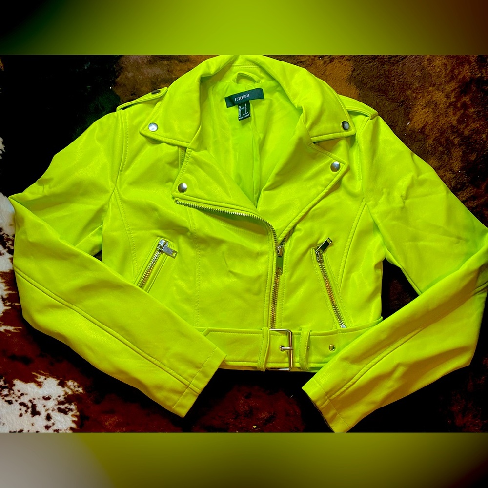 Lime green leather jacket.